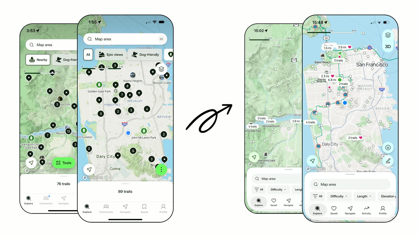 Drag the handle: trail pins, metadata, and the base map before and after.