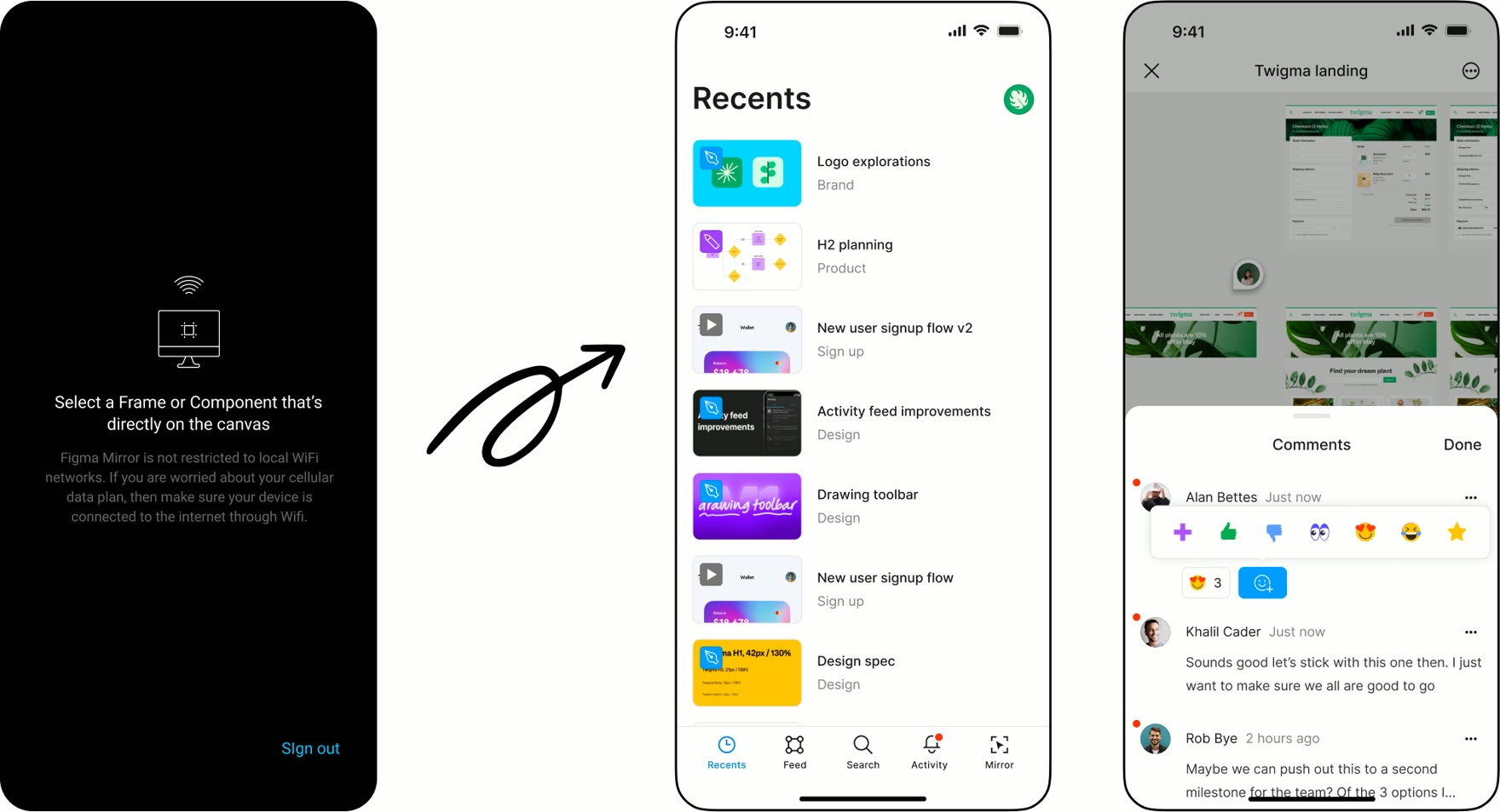 Figma mobile app screens: from mirroring only to recents, feed, search, and comments