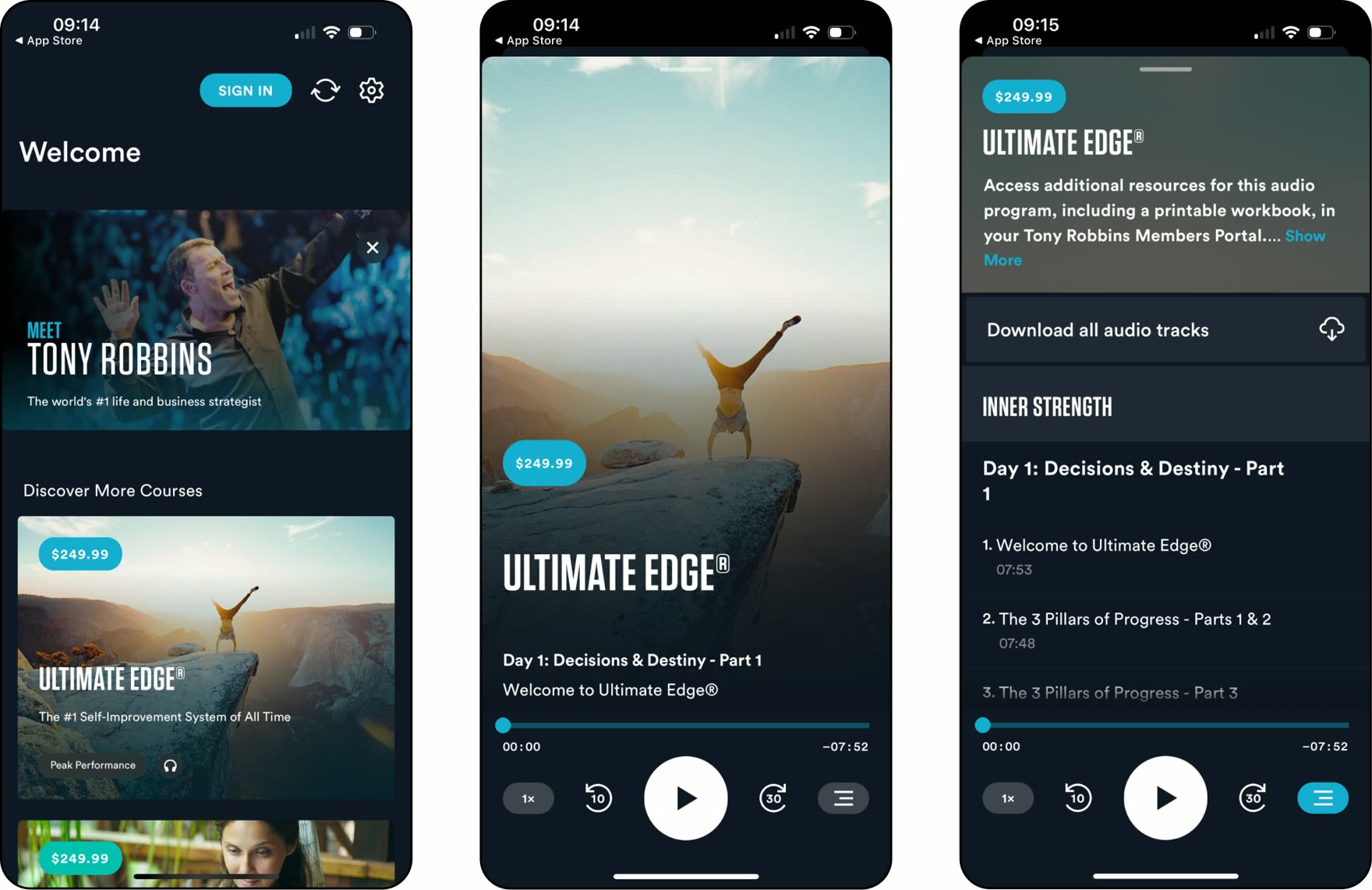Breakthrough app: welcome, course, and playback screens